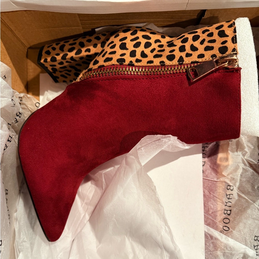 Boohoo Red Ankle Booties with Leopard Trim